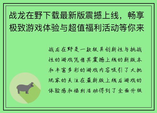 战龙在野下载最新版震撼上线，畅享极致游戏体验与超值福利活动等你来挑战